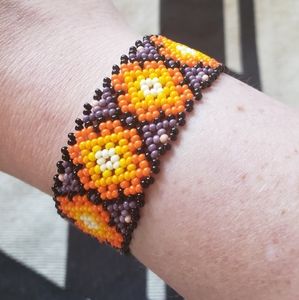 Orange & Purple Huichol Mexican Chaquira Bracelet